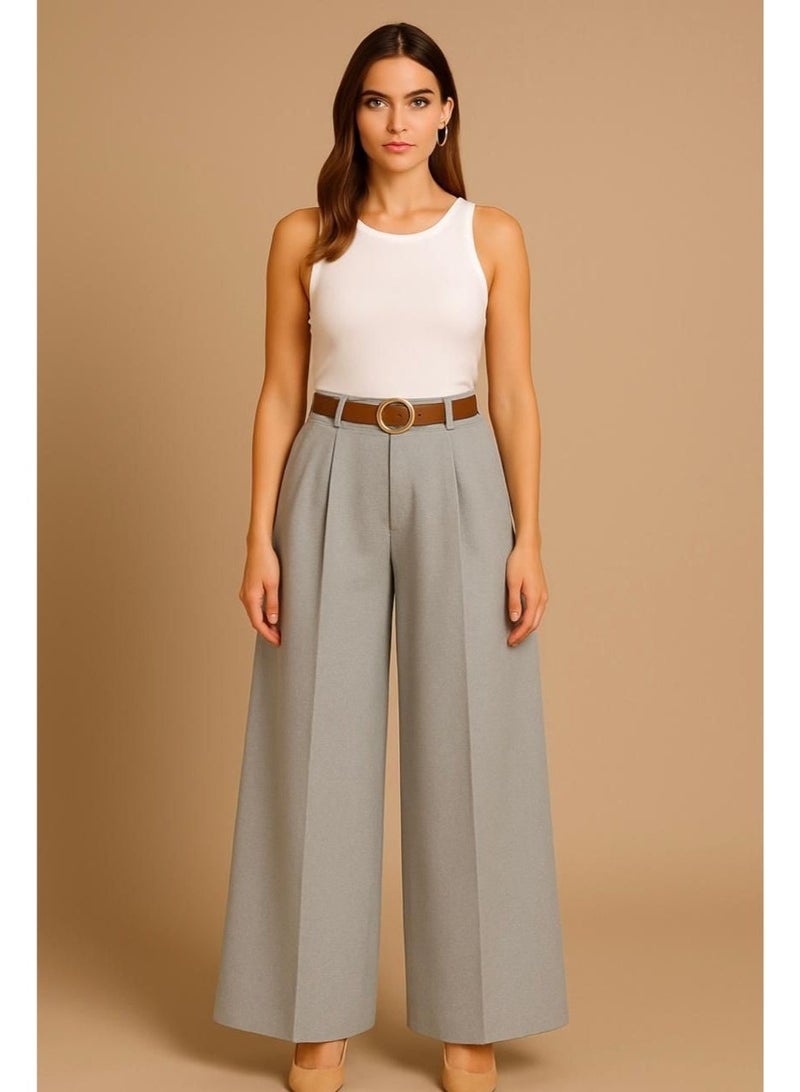 CHEVALIER FASHION Women’s High-Waisted Wide-Leg Pants with Belt – Light Grey - Image 1