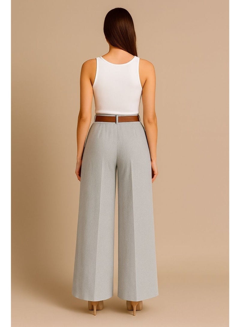 CHEVALIER FASHION Women’s High-Waisted Wide-Leg Pants with Belt – Light Grey - Image 2