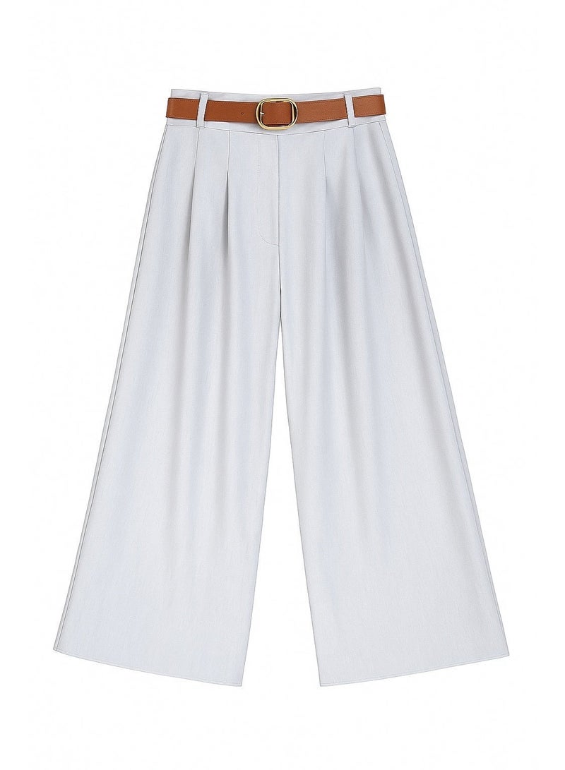 CHEVALIER FASHION Women’s High-Waisted Wide-Leg Pants with Belt – Light Grey - Image 3
