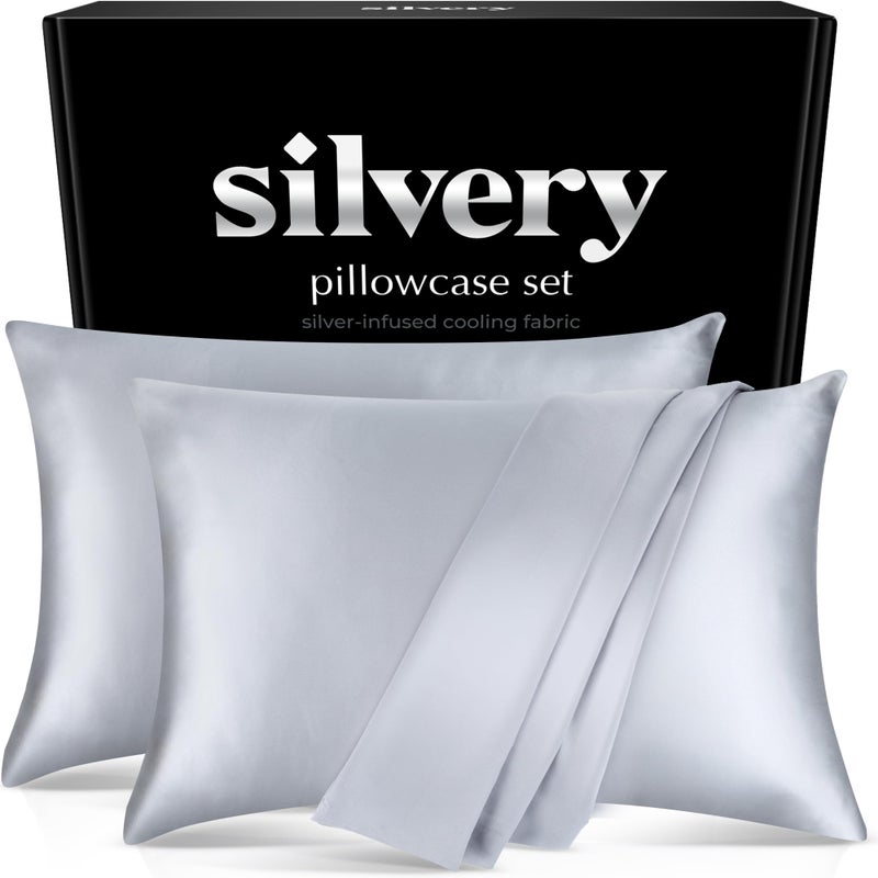 Silvery Silver Infused Pillowcase Set - 2 Pack Self-Cooling Pillowcases with Self-Cleaning Silvery Technologyâ„¢ for Hygienic Sleep - Luxurious Silky Soft Comfort (Gray, Queen (U.S. Standard)) - Image 1