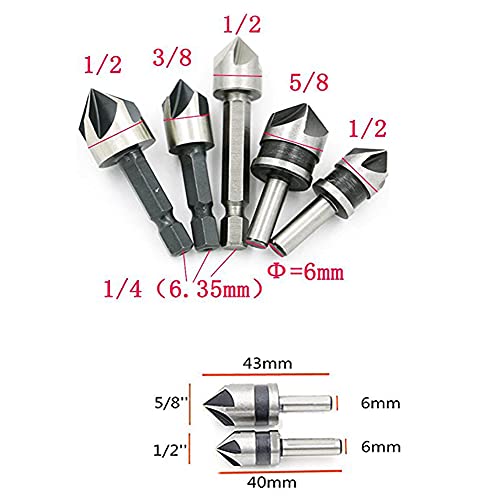 Chiloskit 5pc Wood Metal Countersink Drill Bit Set for Wood Metal Plastic, Woodworking Deburring Chamfer Tool,5 Flutes 82 Degree - Image 3