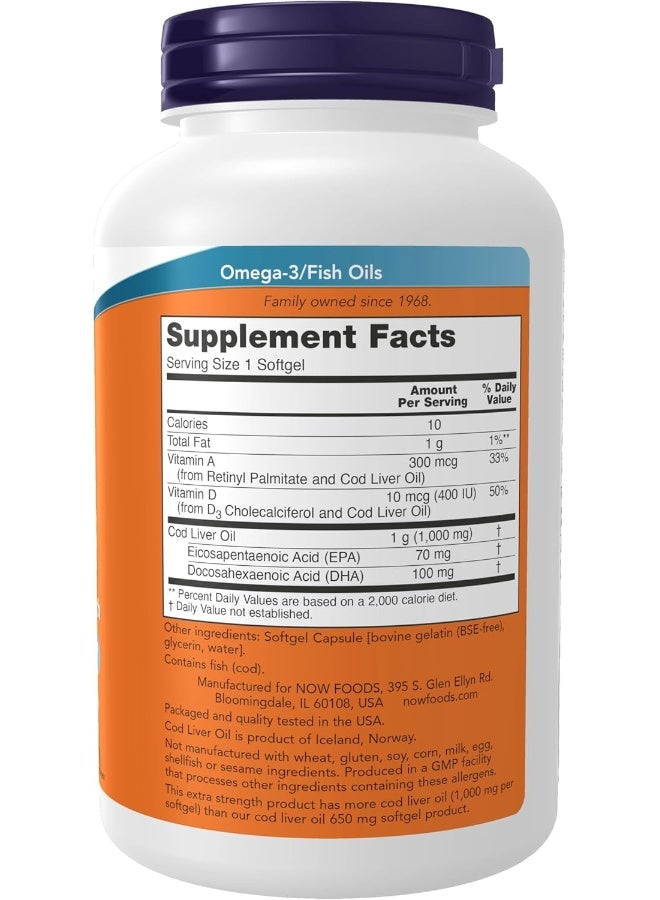 NOW Supplements, Cod Liver Oil, Extra Strength 1,000 mg with Vitamins A & D-3, EPA, DHA, 180 Softgels - Image 2