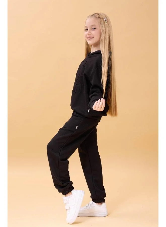 Perendi Girl's Hooded Flower Appliqué Seasonal Top and Bottom Set – Black.