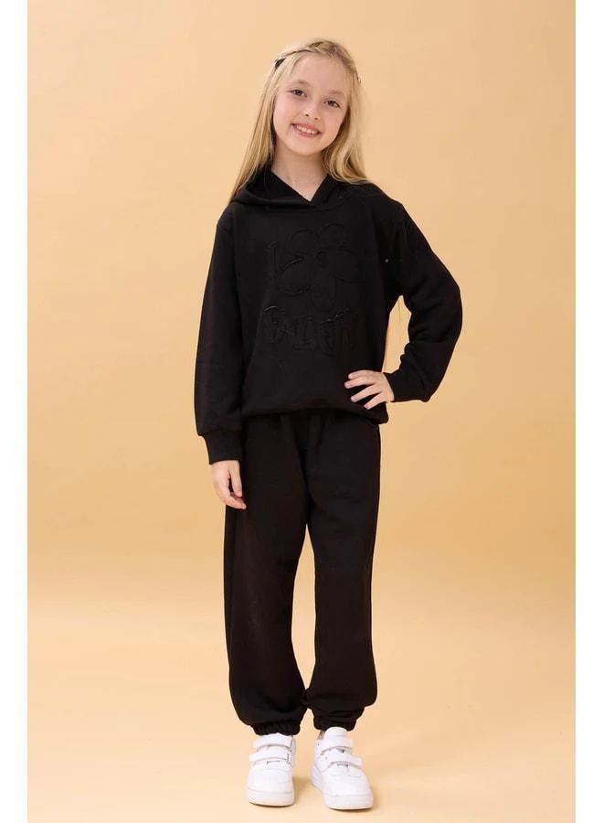 Perendi Girl's Hooded Flower Appliqué Seasonal Top and Bottom Set – Black.