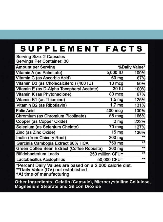 Angry Supplements مكملات أنغري غارسينيا كامبوجيا مع البروبيوتيك، متعدد الفيتامينات لصحة الأمعاء مع فيتامينات A، C، D، E، K، B2، زنك، سيلينيوم، نحاس، كروم + كبسولات مزيج الأعشاب (1-زجاجة، 60 حبة) - Image 2