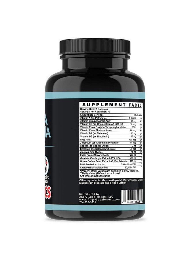 Angry Supplements مكملات أنغري غارسينيا كامبوجيا مع البروبيوتيك، متعدد الفيتامينات لصحة الأمعاء مع فيتامينات A، C، D، E، K، B2، زنك، سيلينيوم، نحاس، كروم + كبسولات مزيج الأعشاب (1-زجاجة، 60 حبة) - Image 4