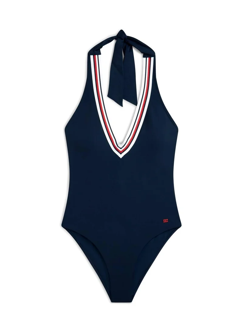 TOMMY HILFIGER Dark Night Navy Global Stripe Plunge Halterneck Swimsuit for Women | Best Price UAE