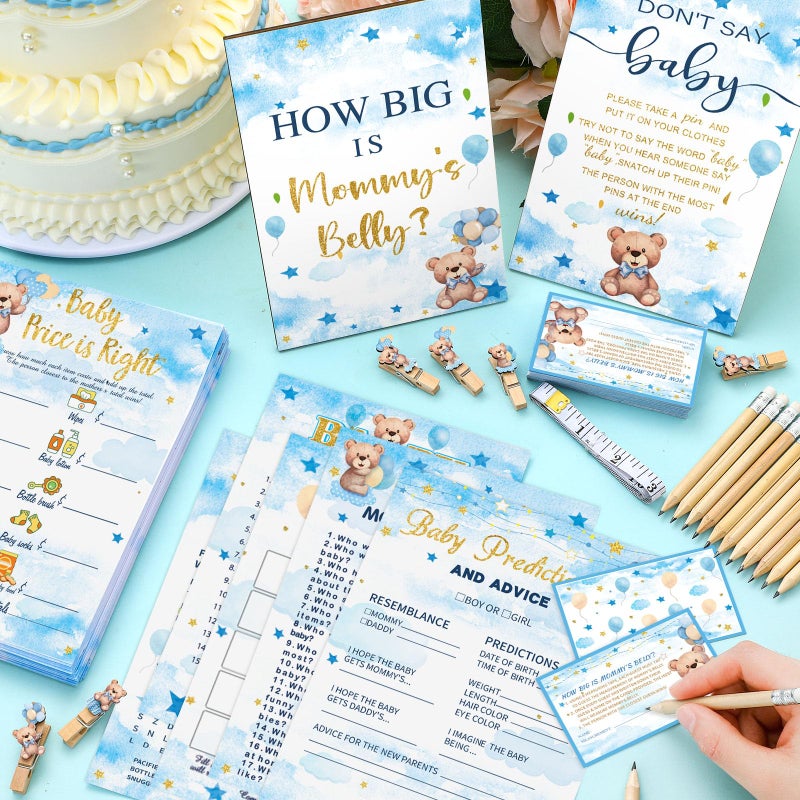 Funnymoom 426 Pcs Blue Theme Bear Baby Shower Decorations Games Set-8 Games Includes Bearly Wait Baby Shower Decorations Bingo Prediction and Advice How Big is Mommy's Belly Don't Say The Words - Image 2