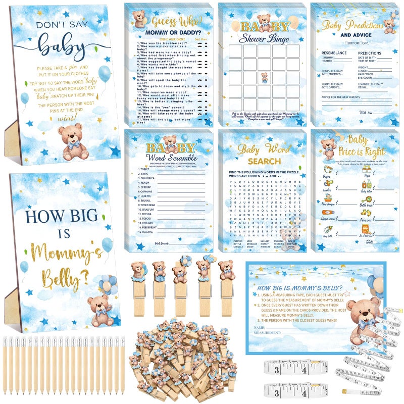 Funnymoom 426 Pcs Blue Theme Bear Baby Shower Decorations Games Set-8 Games Includes Bearly Wait Baby Shower Decorations Bingo Prediction and Advice How Big is Mommy's Belly Don't Say The Words - Image 1