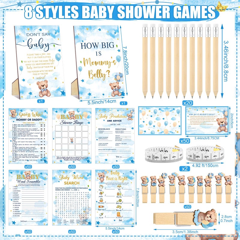 Funnymoom 426 Pcs Blue Theme Bear Baby Shower Decorations Games Set-8 Games Includes Bearly Wait Baby Shower Decorations Bingo Prediction and Advice How Big is Mommy's Belly Don't Say The Words - Image 3