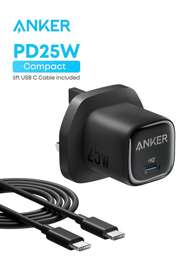 Anker 25W USB C Plug, Supports PPS Fast Charging for for iPhone 16/16 Pro/16 Pro Max/15, Samsung Galaxy S25/S24/Z Fold/Z Flip/Tab (5 ft USB C Cable Included) Black