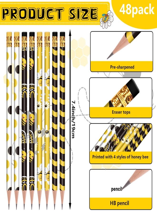 Whaline 48Pcs Bee Theme Pencils with Erasers Black Yellow Bee Flower Rainbow Writing Pencil Summer Bee Wood Pencils for Classroom Prize Summer Party Bee Day Supplies Stationery Gift Set - Image 2