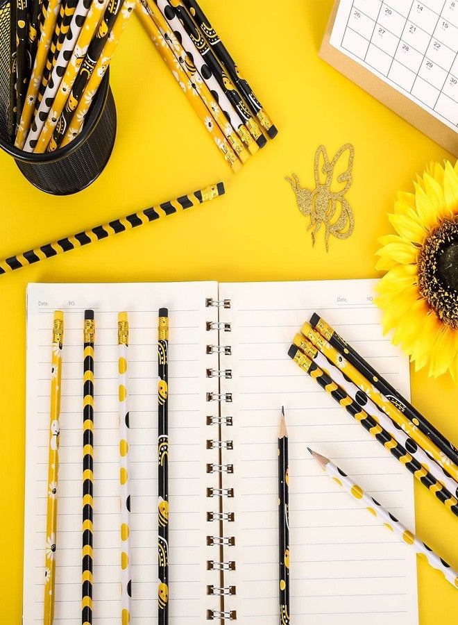 Whaline 48Pcs Bee Theme Pencils with Erasers Black Yellow Bee Flower Rainbow Writing Pencil Summer Bee Wood Pencils for Classroom Prize Summer Party Bee Day Supplies Stationery Gift Set - Image 4