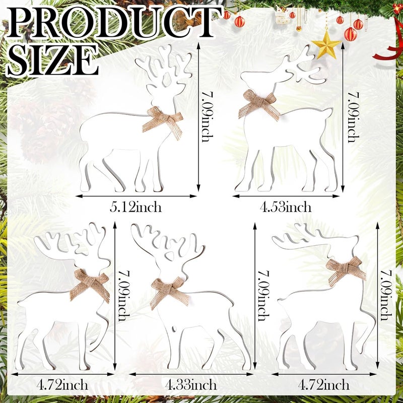 Vercraft 5 Pcs Tabletop Reindeer Christmas Decoration Wooden Rustic Standing Reindeer Decorative White Deer Christmas Decor Vintage Christmas Tiered Tray Decor with Rope Knot for Home Table - Image 4