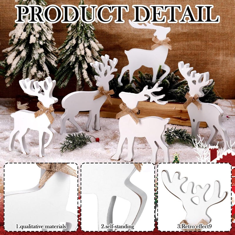 Vercraft 5 Pcs Tabletop Reindeer Christmas Decoration Wooden Rustic Standing Reindeer Decorative White Deer Christmas Decor Vintage Christmas Tiered Tray Decor with Rope Knot for Home Table - Image 5