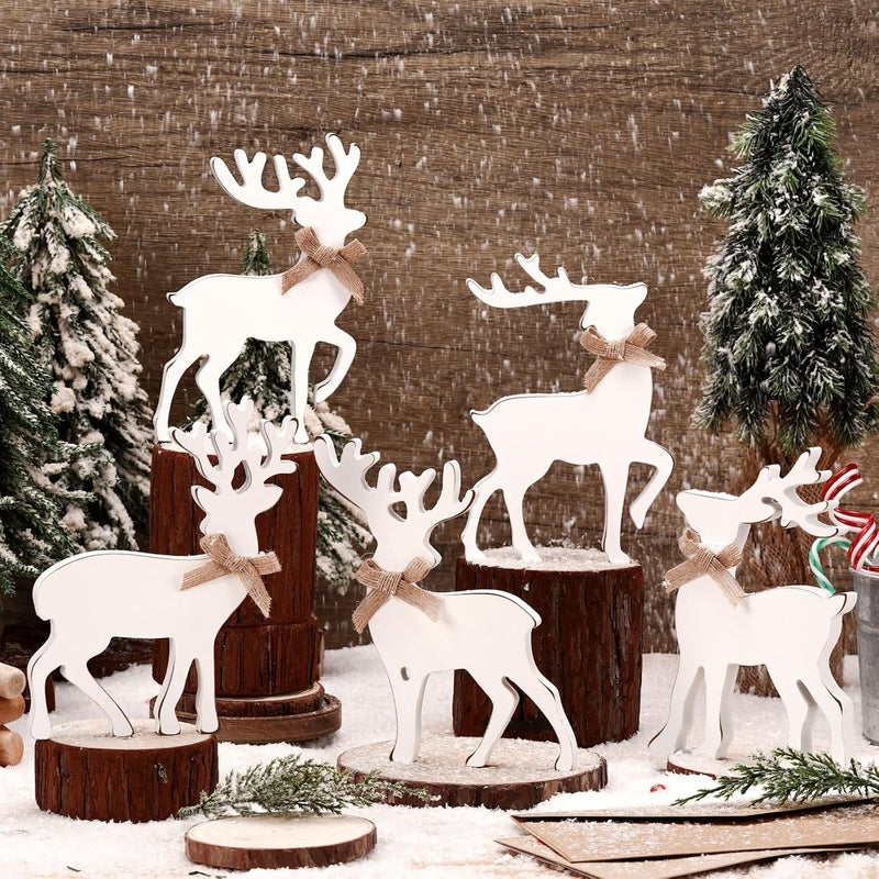 Vercraft 5 Pcs Tabletop Reindeer Christmas Decoration Wooden Rustic Standing Reindeer Decorative White Deer Christmas Decor Vintage Christmas Tiered Tray Decor with Rope Knot for Home Table - Image 1