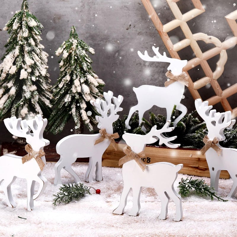 Vercraft 5 Pcs Tabletop Reindeer Christmas Decoration Wooden Rustic Standing Reindeer Decorative White Deer Christmas Decor Vintage Christmas Tiered Tray Decor with Rope Knot for Home Table - Image 3
