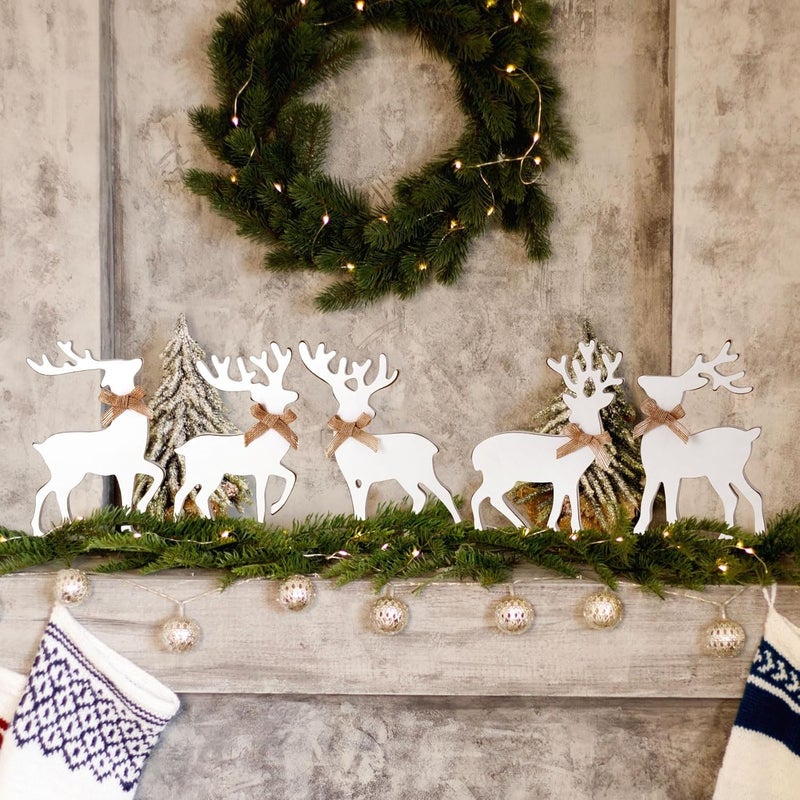 Vercraft 5 Pcs Tabletop Reindeer Christmas Decoration Wooden Rustic Standing Reindeer Decorative White Deer Christmas Decor Vintage Christmas Tiered Tray Decor with Rope Knot for Home Table - Image 2