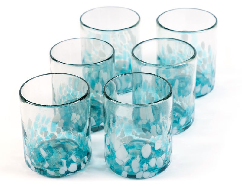 Handmade con Amor  15 oz Hand Blown Mexican Drinking Glasses  Set of 6 tumblers 1315 fl oz each Ocean Blue Confetti