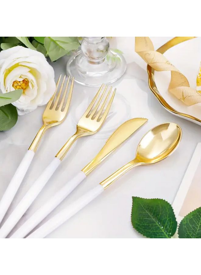 30 Pcs Elegant Plastic Cutlery Set 10 Forks 10 Knives 10 Spoons White And Golden Knife Fork Spoon Set For Party Wedding Disposable Tableware - Image 5