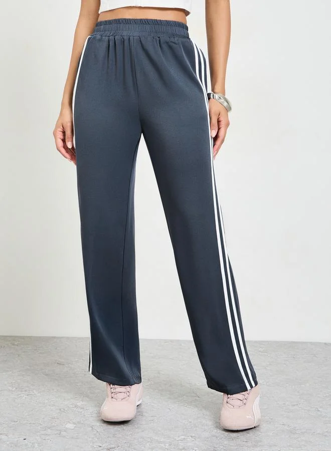Take Two Grey Side Striped Elasticated Waist Wide Leg Pants