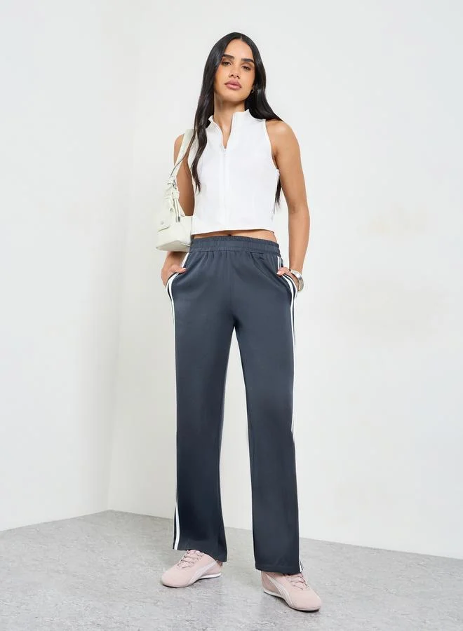 Take Two Grey Side Striped Elasticated Waist Wide Leg Pants