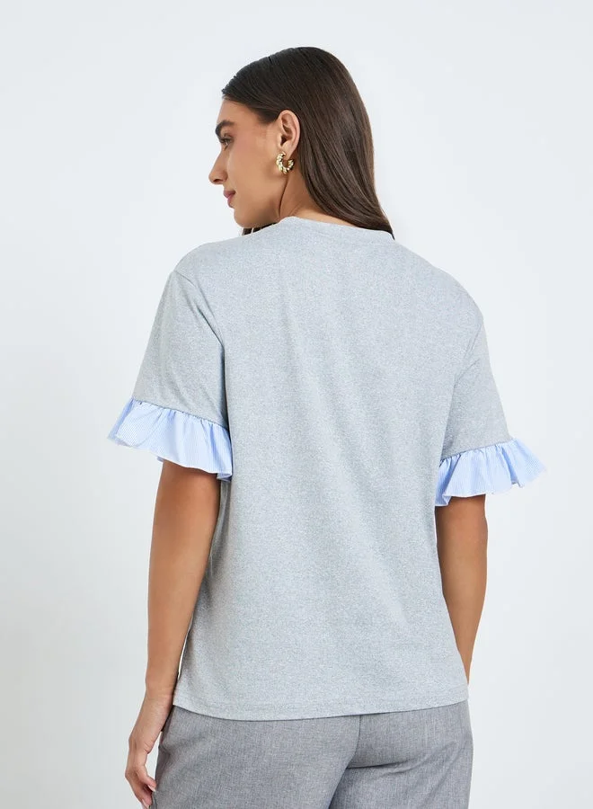 Styli Women Grey Ruffled Trim T-Shirt