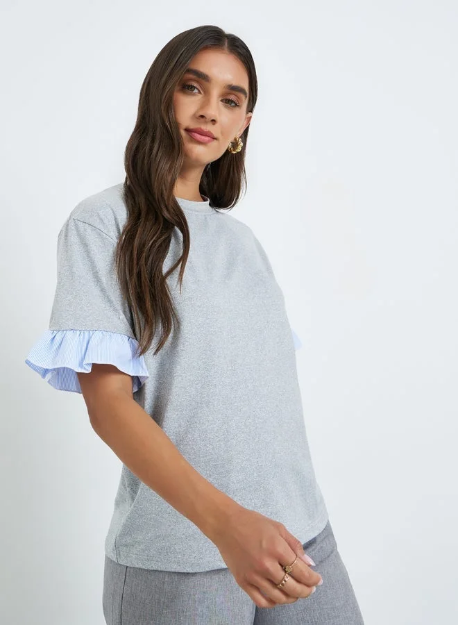 Styli Women Grey Ruffled Trim T-Shirt