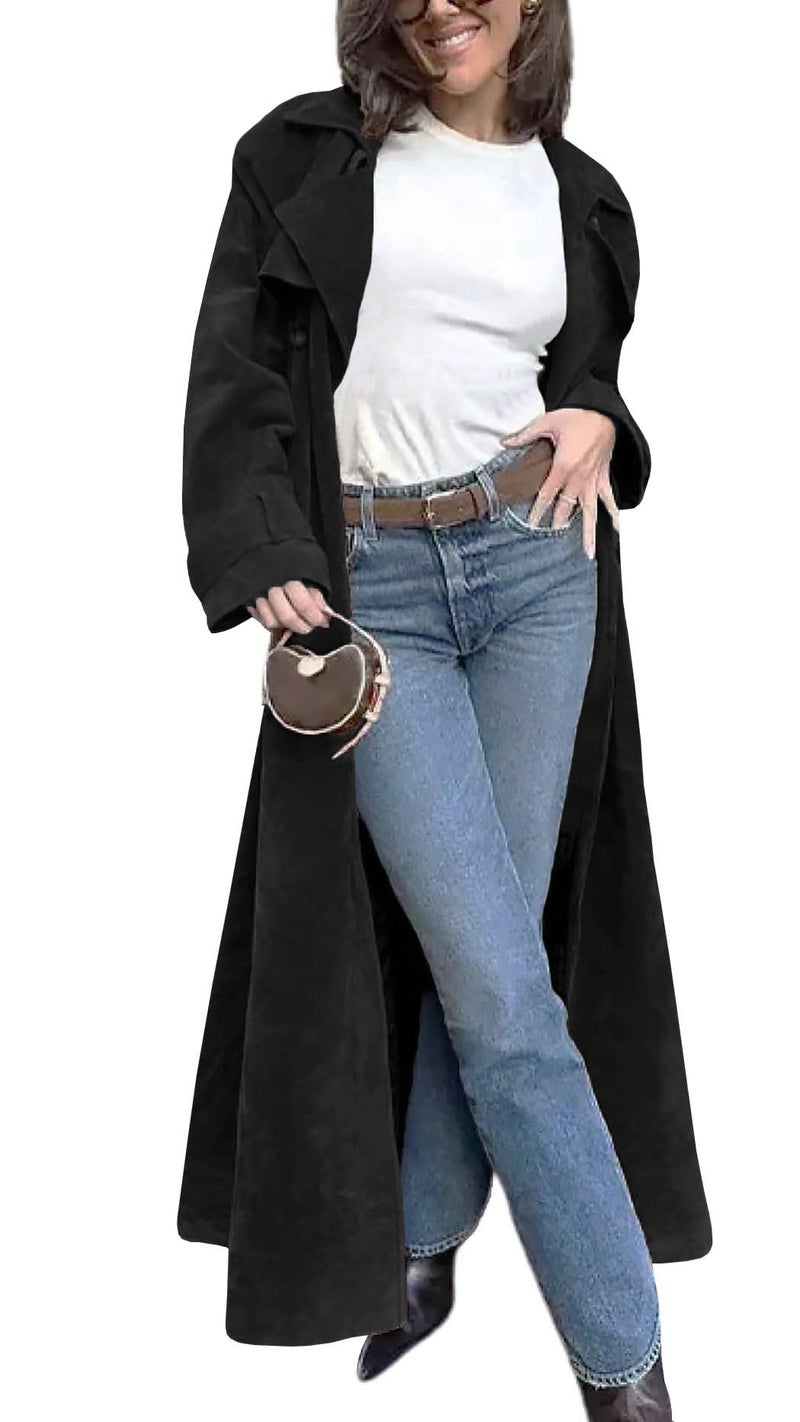 utcoco Womens Faux Suede Long Trench Coat Notched Lapel Double Breasted Pea Coat Overcoat with Belt (Large, Black) - Image 1