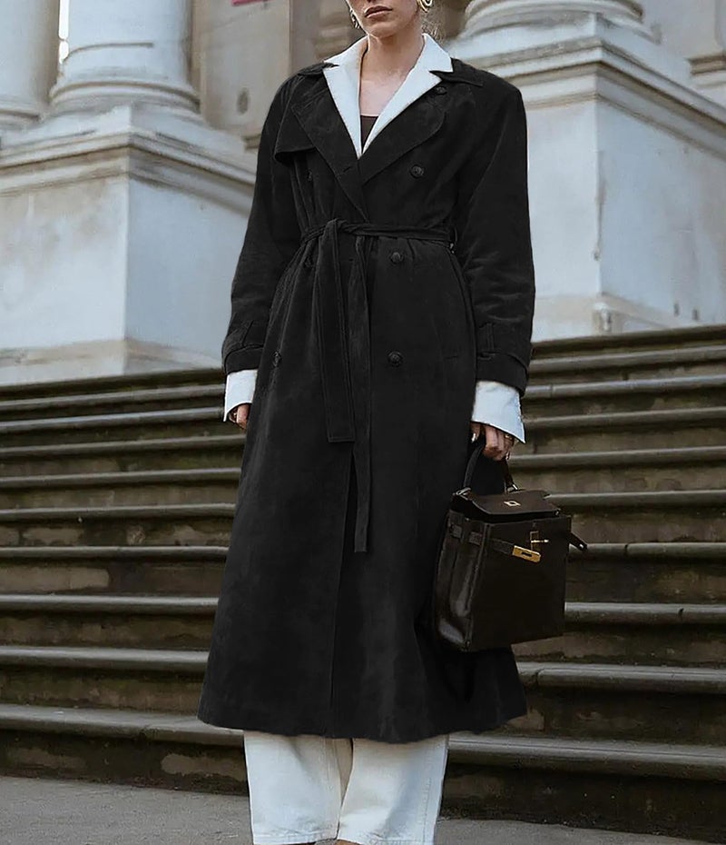 utcoco Womens Faux Suede Long Trench Coat Notched Lapel Double Breasted Pea Coat Overcoat with Belt (Large, Black) - Image 5