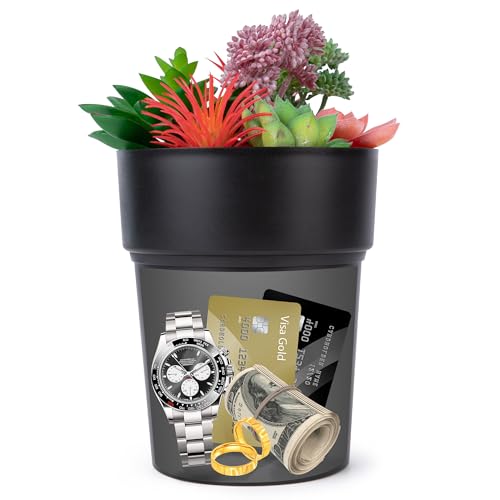 BarGifts Black Flower Pot Diversion Safe, Secret Storage Hidden Safe Box Keep Your Valuables Safe Like Money, Keys, and Jewelry- Includes Plants - Image 1