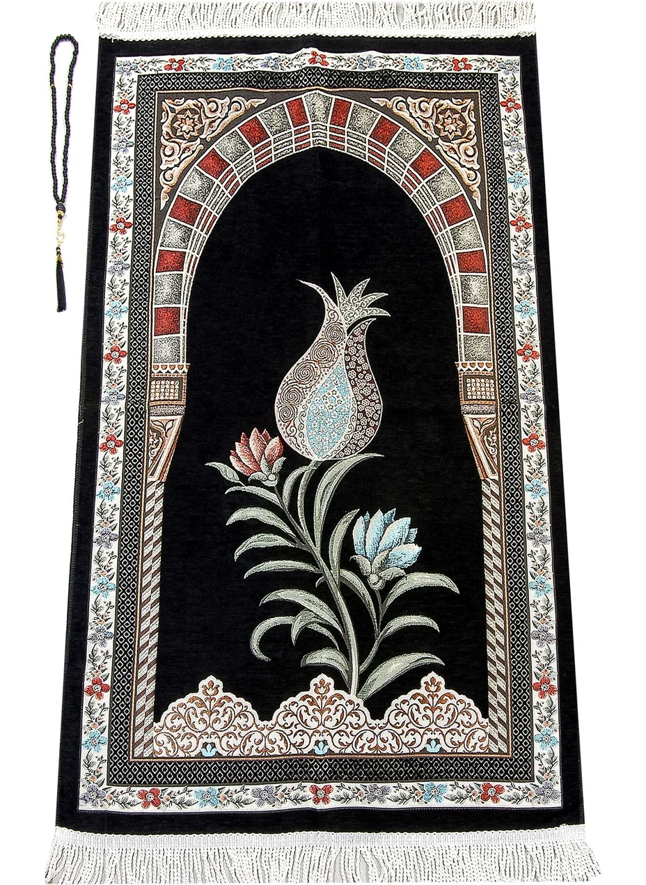 İhvan Online Ottoman Belt Mihrab Tulip Motif Chenille Prayer Rug Black