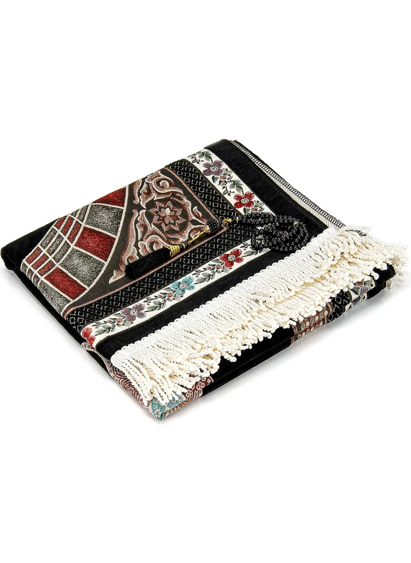 İhvan Online Ottoman Belt Mihrab Tulip Motif Chenille Prayer Rug Black