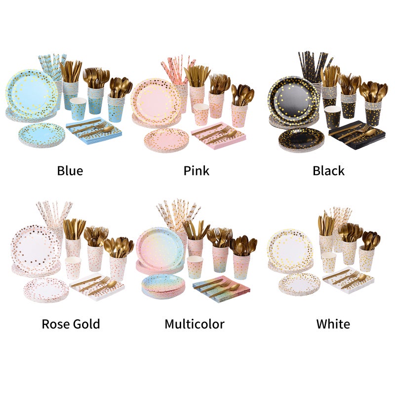 Disposable Tableware Set for 25 Guests Disposable Paper Birthday Dinnerware Plates Forks Knives Spoons Cups Napkins Straws - Image 2