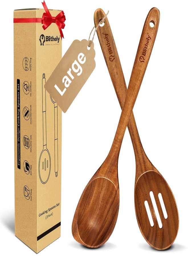 Blithely Large Wooden Spoons for Cooking, 2Pack Natural Teak Wood Cooking Spoon Set, Non-Stick Slotted and Corner Spoon, Heat-Resistant Wooden Spatula Spoon for Serving and Mixing - Image 1
