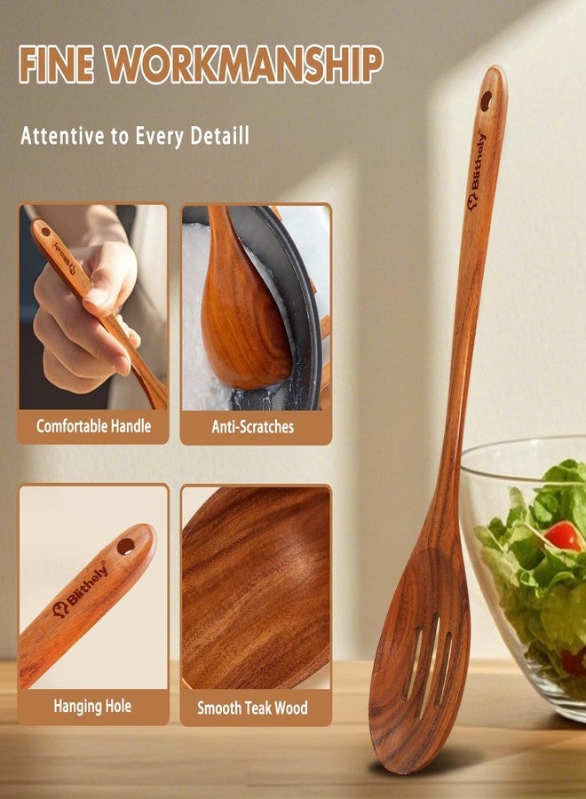 Blithely Large Wooden Spoons for Cooking, 2Pack Natural Teak Wood Cooking Spoon Set, Non-Stick Slotted and Corner Spoon, Heat-Resistant Wooden Spatula Spoon for Serving and Mixing - Image 4