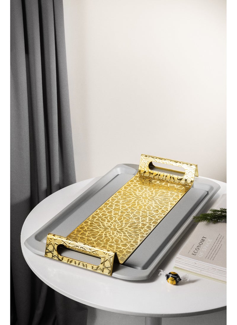Otantik OTANTIK Asalah Iron Serving Tray , Grey and Gold , Elegant Serving Tray for Home, Kitchen, Living Room, Ramadan, and Special Occasions , Durable Decorative Tray  - Image 2
