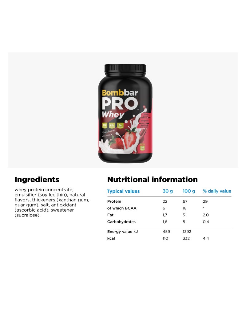 BOMBBAR Pro Whey Protein Powder Strawberries with Cream Flavour 900g - Image 2