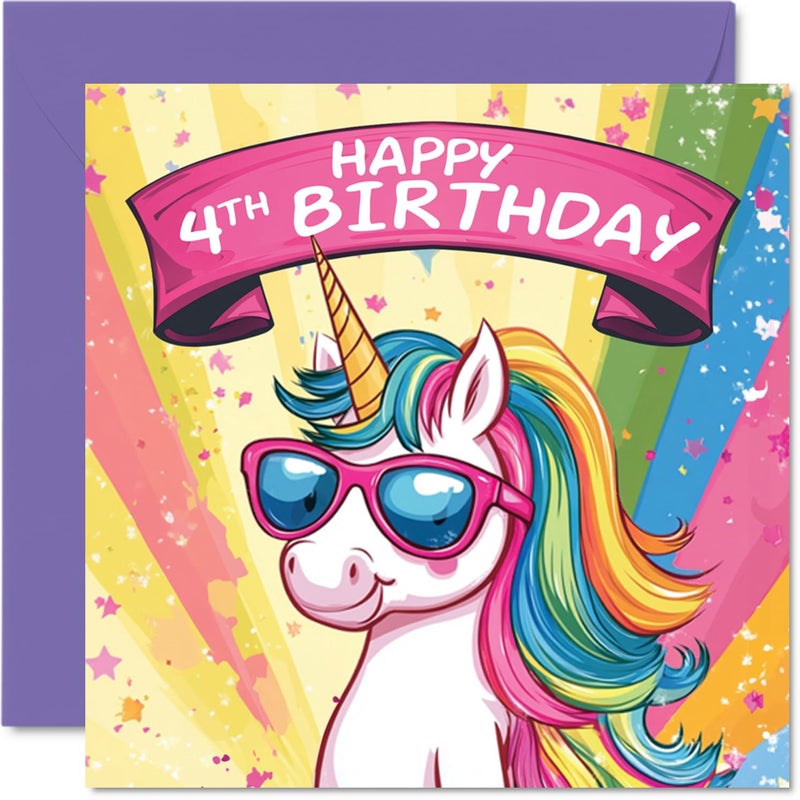Stuff4 4th Birthday Card Girls - Cool Unicorn Sunglasses - Unicorn Birthday Card for 4 Year Old Girl - Image 1