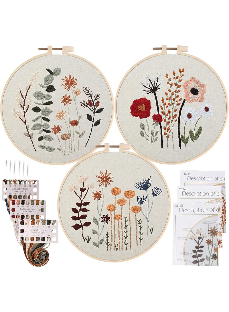 3 Pack Embroidery Starter Kit for Beginners Stamped Cross Stitch Kits with Cute Flowers and Plants Patterns for Adults Kids - Image 1