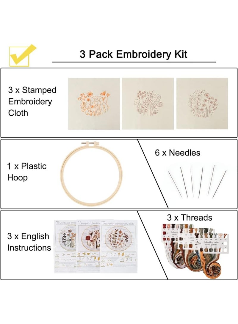 3 Pack Embroidery Starter Kit for Beginners Stamped Cross Stitch Kits with Cute Flowers and Plants Patterns for Adults Kids - Image 3