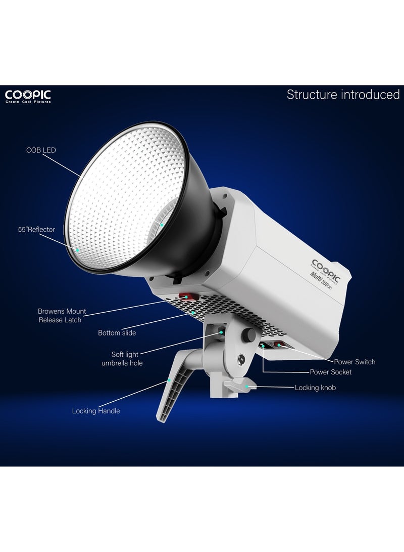 COOPIC Multi 300Bi 300W Bi-Color LED Video Light – High CRI >97, 35000LM, Stepless Dimming 0-100%, 2800K-6500K, 2.4G Remote & App Control Bowens Mount Built-in Cooling & Temp Protection – Studio Light - Image 3