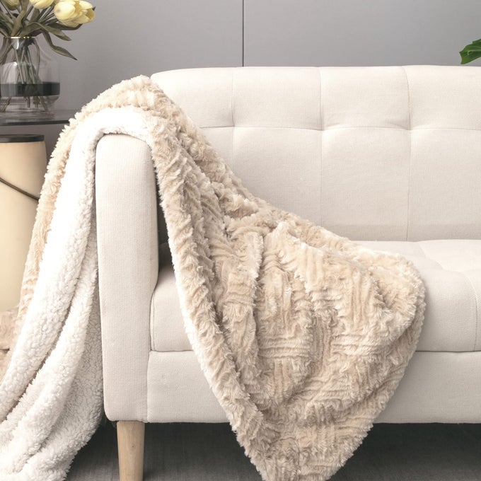 CHAMPAGNE IVORY FAUX FUR THROW BLANKET DREAMY GOLD GEOMETRIC EMBOSSED SHERPA BACKSIDE SUPER SOFT WARM COZY PLUSH FLUFFY 90 X 90