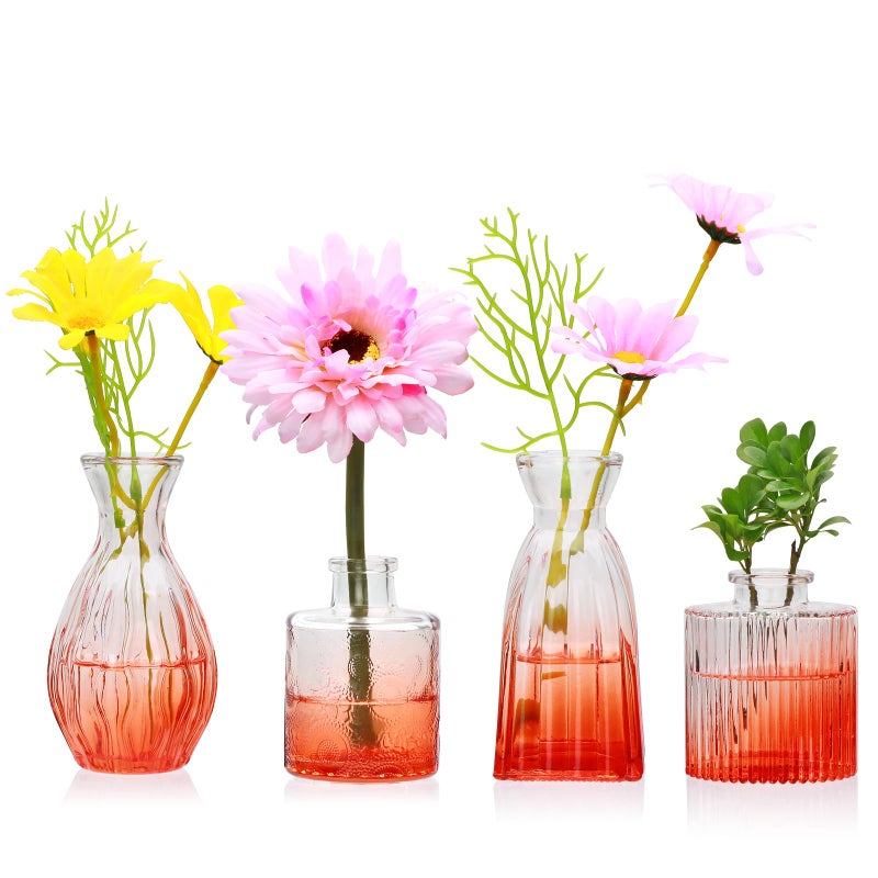 Mapoxy Glass Bud Vases Set of 4,Small Orange Flower Vases for Wedding Centerpiece Table Decorations,Clear Vintage Embossed Mini Vases,Flower Arrangements in Vases for Party or Home Decor - Image 1