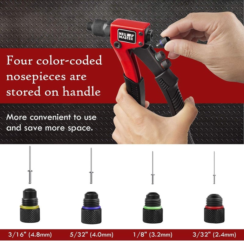 NEU MASTER Rivet Gun with 200Pcs Rivets, Manual Rivet Gun Kit with 4 Tool-Free Interchangeable Rivet Heads, BMC Case, Heavy Duty Single Hand Riveter for Plastic, Metal, Leather - Image 4