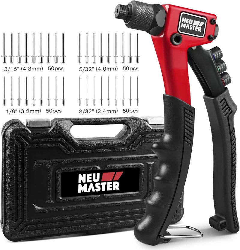 NEU MASTER Rivet Gun with 200Pcs Rivets, Manual Rivet Gun Kit with 4 Tool-Free Interchangeable Rivet Heads, BMC Case, Heavy Duty Single Hand Riveter for Plastic, Metal, Leather - Image 1