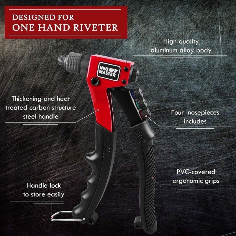 NEU MASTER Rivet Gun with 200Pcs Rivets, Manual Rivet Gun Kit with 4 Tool-Free Interchangeable Rivet Heads, BMC Case, Heavy Duty Single Hand Riveter for Plastic, Metal, Leather - Image 2
