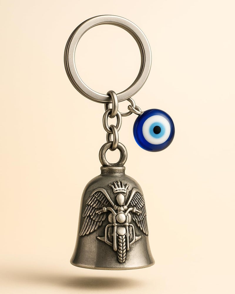 Tiny Tim Store Guardian Bell with Evil Eye Charm – Protective Motorcycle & Car Accessory – Tibetan-Inspired Design – Wards Off Negative Energy – Ideal Gift for Bikers & Travelers - Image 1