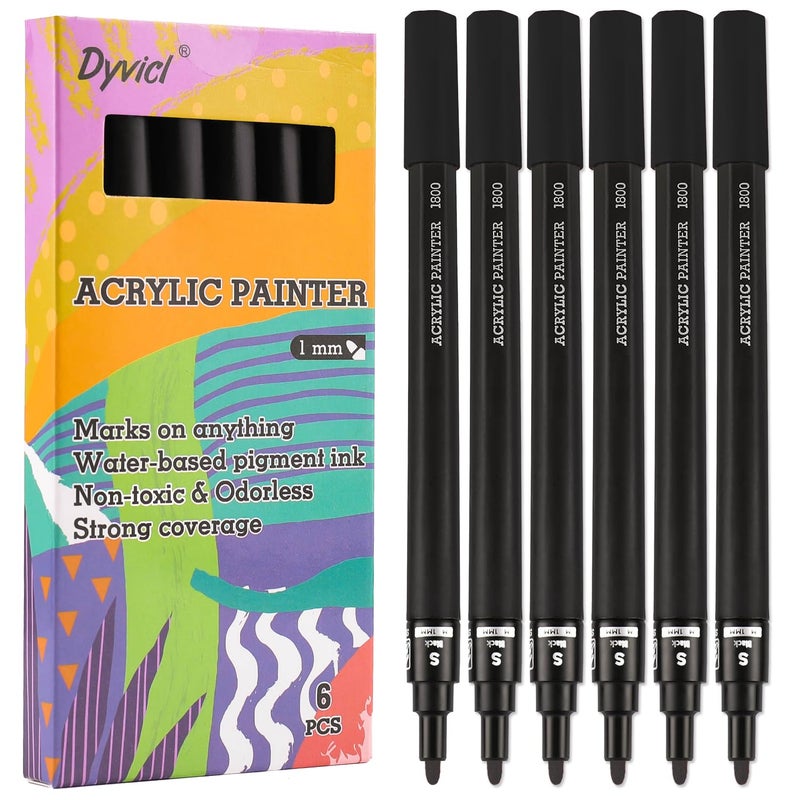 Dyvicl Black Paint Pens Fine Point Acrylic Black Paint Markers for Rock Painting Stone Ceramic Glass Wood Fabric Canvas Metal DIY Crafts Making 6 Pack