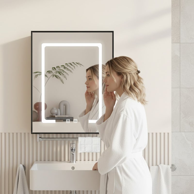 Sharpdo LED Bathroom Mirror with Light, Anti-fog, Towel Rack - Wall-mounted Vanity Mirror with Touch Sensor, Waterproof Smart LED Vanity Mirror 50 x 70 x 10 cm - Image 1